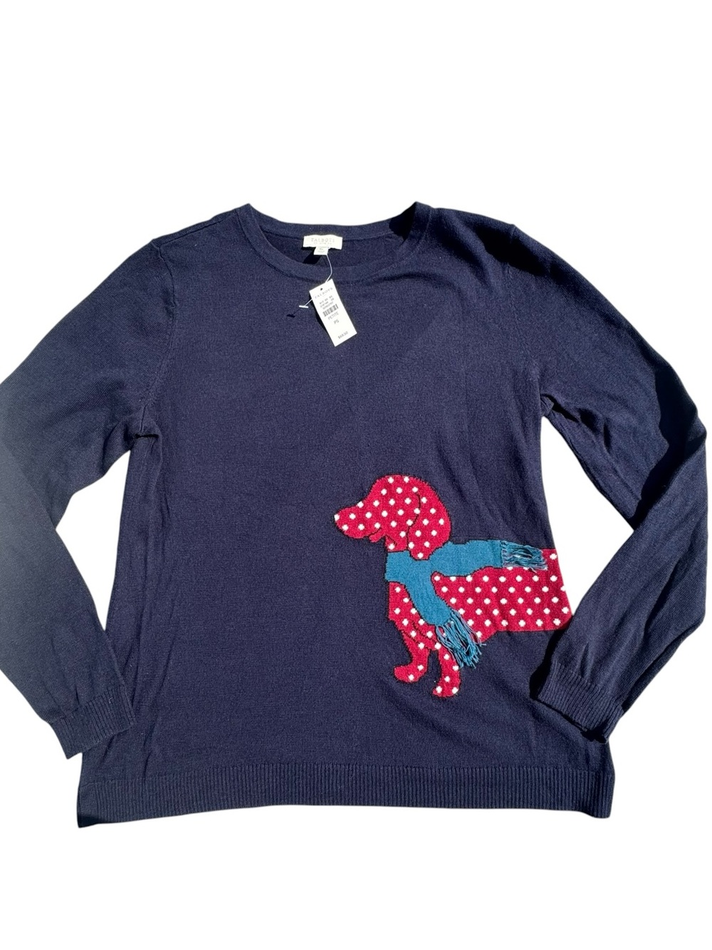 NEW Talbots Dachshund sweater size Small Petite Navy Blue Knit cotton blend NWT
